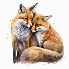 Obraz premium Two red foxes in love hug, Valentine's day and all lovers, isolate. Drawing for a book, postcard, print