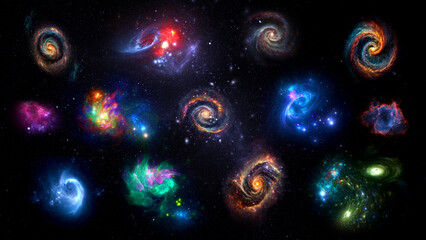 Fototapeta na wymiar Panorama Space scene with planets, stars and galaxies. Banner template. Many Nebulae and galaxies in space, many light years away. Deep Universe. Large-scale structure 3D rendered