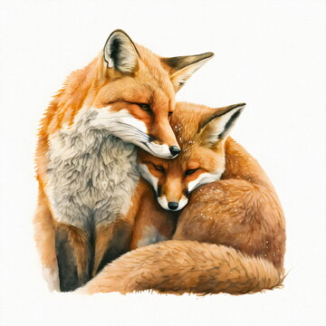 Two red foxes in love hug, Valentine's day and all lovers, isolate. Drawing for a book, postcard, print. 