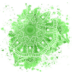 Green hand-drawn watercolor background with mandala