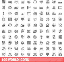 100 world icons set. Outline illustration of 100 world icons vector set isolated on white background