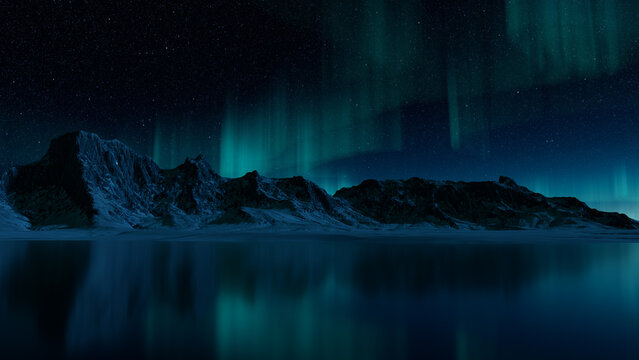Green Aurora Lights over Winter Landscape. Beautiful Northern Lights Banner with copy-space.