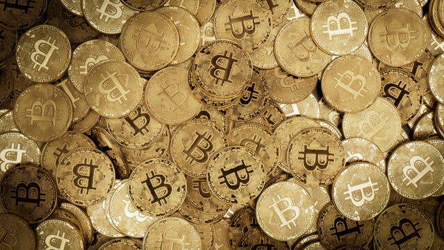 Bitcoin Cryptocurrency represented as Gold Coins. Decentralized Banking Wallpaper. 3D Render.
