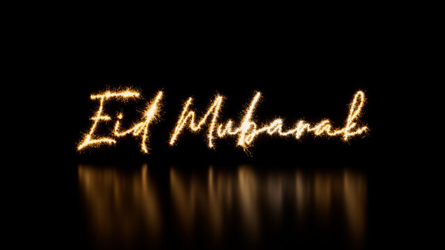 Gold Sparkler Firework Text with Eid Mubarak Caption on Black. Holiday Banner with copy space.