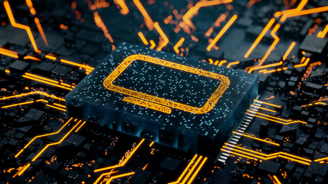 Display Technology Concept with Monitor symbol on a Microchip. Data flows from the CPU across a Futuristic Motherboard. 3D render.