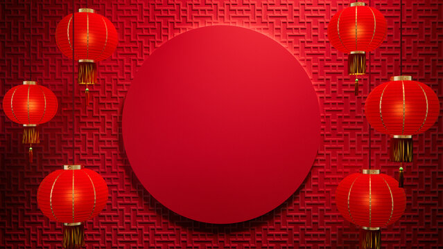 Red Asian Design Template featuring Circle Frame and Lanterns  with copy-space. Chinese New Year Background with 3D Pattern.
