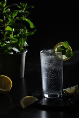 A glass with sparkling water with lemon