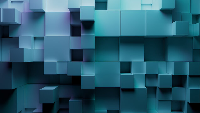 Futuristic Tech Wallpaper with Precisely Arranged Multisized Cubes. Turquoise and Purple, 3D Render.