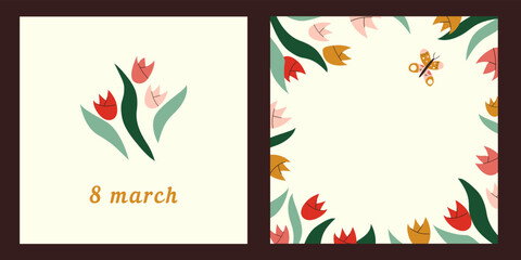Fototapeta na wymiar Cute cards with spring tulip flowers. Romantic floral frame background. International Women's Day, 8 march concept. Colorful flat vector illustration for social media post, postcard, poster