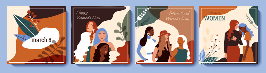 Happy Women's day greeting card set. March 8 holiday background with diverse female characters and flowers. Vector design for poster, postcard, invitation, flyer. International women's day