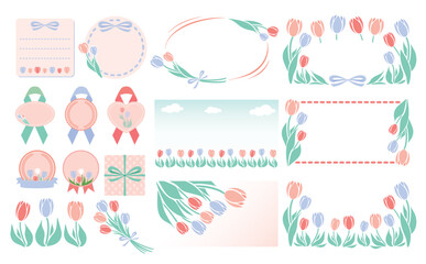 Obraz na płótnie Canvas シンプル可愛い春のお花のチューリップフレームとイラストのセットベクター素材_赤色青色_文字なし
