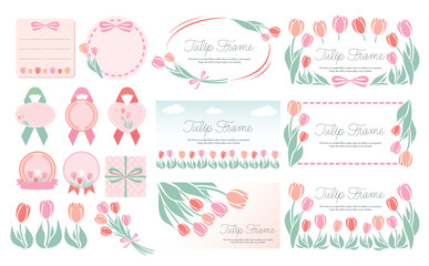 シンプル可愛い春のお花のチューリップフレームとイラストのセットベクター素材_ピンク赤_横長