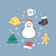 illustration of a snowman, socks, bells, santa hat, gingerbread man, cup of hot chocolate, candy cane, snowflakes, and christmas tree. winter or christmas design elements. icon or symbol. sticker