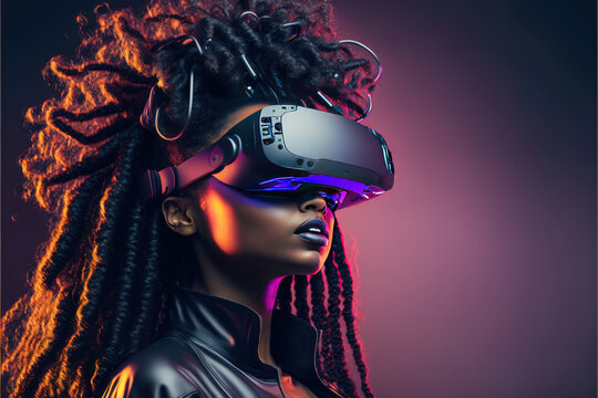 Futuristische Frau mit VR Headset, RGB, Editorial Fotografie - KI generiert