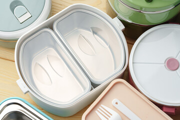 Many plastic food containers in a shop for background