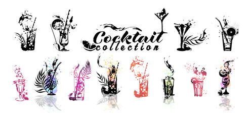 Set of cocktail glasses - Cocktail bar menu. Vector elements for restaurant and cafe. Design template with different colorful cocktails.  Art for menu, shop, market or sale.