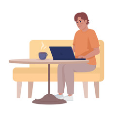 Fototapeta na wymiar Man working remotely on laptop from coffeehouse semi flat color vector character. Editable figure. Full body person on white. Simple cartoon style illustration for web graphic design and animation