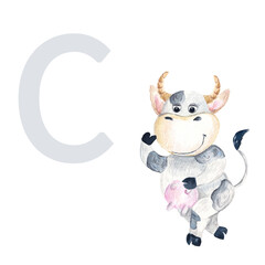 Letter C, uppercase, baby cow, cute kids colorful animal ABC alphabet. Watercolor hand drawn illustration isolated on white background. Can be used for alphabet or cards for kids learning English