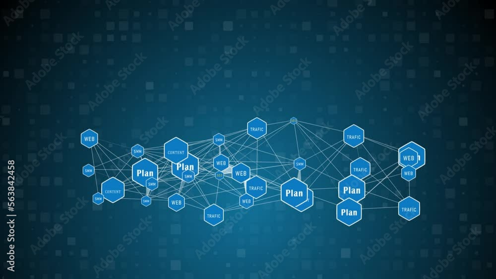 Poster animation of network of connections and white people icons interacting over cityscape with clouds on