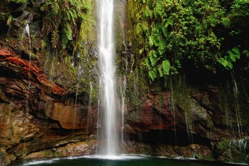The Risco waterfall in Rabaçal in Madeira during the spring. The springs of the Risco waterfall flowing down the rock overgrown with greenery. 25 Fontes, Madeira, Portugal. 