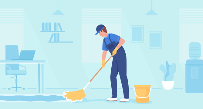 Commercial floor cleaning service flat color vector illustration. Male janitor mopping office building flooring. Fully editable 2D simple cartoon character with light blue interior on background