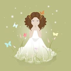 Curly hair girl on white dress sitting in the garden, illustration cartoon on green background