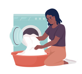 Woman washing clothes in washing machine semi flat color vector character. Editable figure. Full body person on white. Simple cartoon style illustration for web graphic design and animation