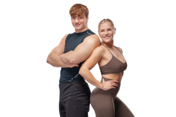  Sporty young couple posing on isolated free PNG background.