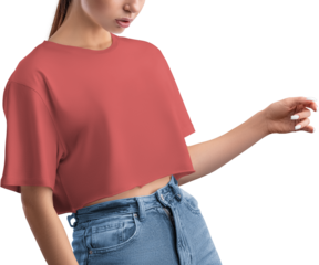Mockup of a red crop top on a girl's body, png, canvas bella, front