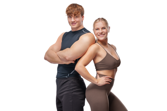 Sporty young couple posing on isolated free PNG background.