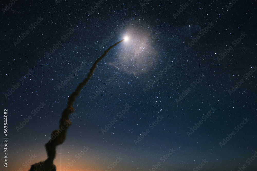 Poster spaceship rocket with a column of smoke successfully launch into the starry sky. space shuttle rocke