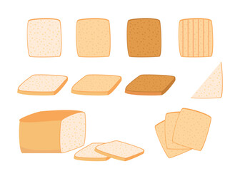 Toast bread cut slice from wheat set. Toasted piece bakery food. Slices of toast bread with varying degrees of toasting. Square loaf, white bread. Vector illustration