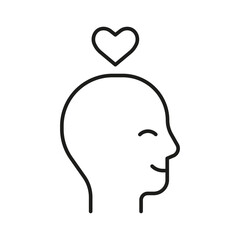 Head profile with love heart, mental health, line icon. Face with self love feeling. Mindfulness, positive thinking, self care. Harmony mind, psychology. Vector illustration