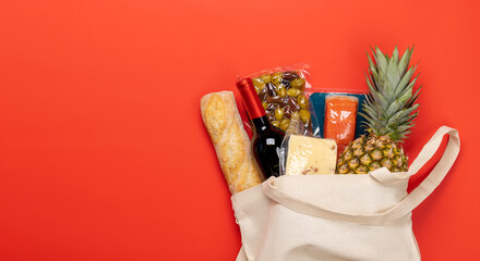 Shopping bag with wine and food