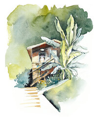 Wooden house in the tropics.
House on the Black Sea, Russia. Watercolor hand drawn illustration	 - 563846299