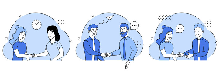 Meeting of business people. Several couples of people in business clothes shaking hands. Symbol of success deal, happy partnership, greeting shake, handshaking agreement. Set of vector illustrations