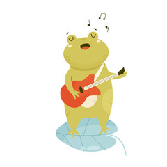 Cute happy frog playing the guitar standing on a water leaf