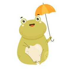 Obraz premium Cute happy frog sitting with a yellow umbrella