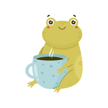 Cute happy frog sitting with a cup of coffee