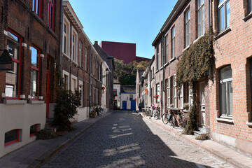 Belgium, West Flanders, Bruges, Empty cobblestone street with rows of town houses on each side