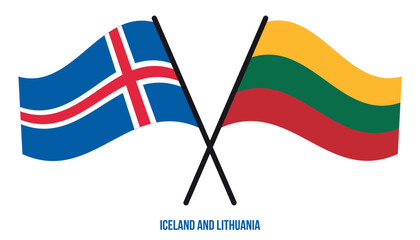 Iceland and Lithuania Flags Crossed And Waving Flat Style. Official Proportion. Correct Colors.