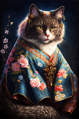 Japan kimono cat, color, generative ai