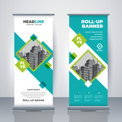 Business Roll Up. Standee Design. Banner Template. Presentation and Brochure.  Modern x-banner and flag-banner advertising. Vector illustration.