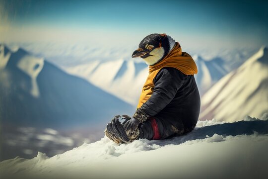 personnage de pingouin habill&eacute; assis au sommet d'une montagne enneig&eacute;e - illustration ia