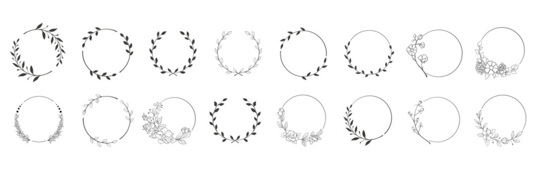 Laurels frames branches with circle borders vector collection. Vintage floral wreaths with leaves , flower, herb, swirls, ornate. Decorative elements for logo, wedding invitation, banner, packaging