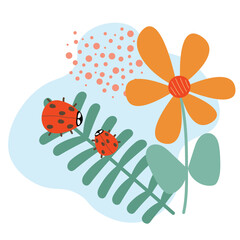 Drawn picture with ladybugs and a flower. Sticker illustration of ladybird. Spring time.