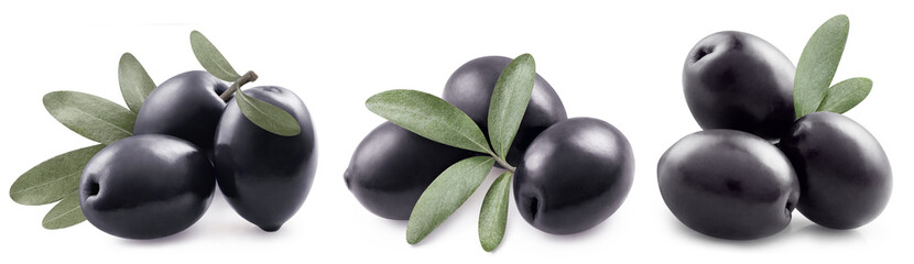 Delicious black olives set, isolated on white background