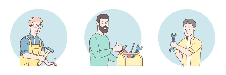 Set of Plumber. Technical repair. Worker customer service. Craftsman, workman, technician specialist character with a tool. Repairman hold tool box. Isolated on white background. Vector illustration