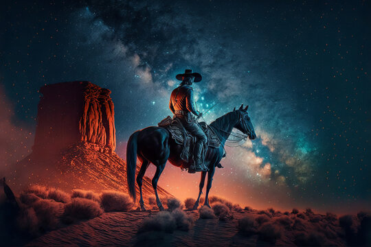 Generative AI illustration of full body cowboy riding horse in desert land at night under starry sky