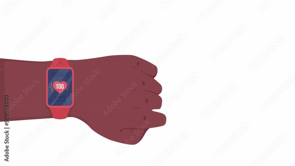Poster animated monitor heart rate on wrist. check pulse with watch. flat first view hand on white backgrou